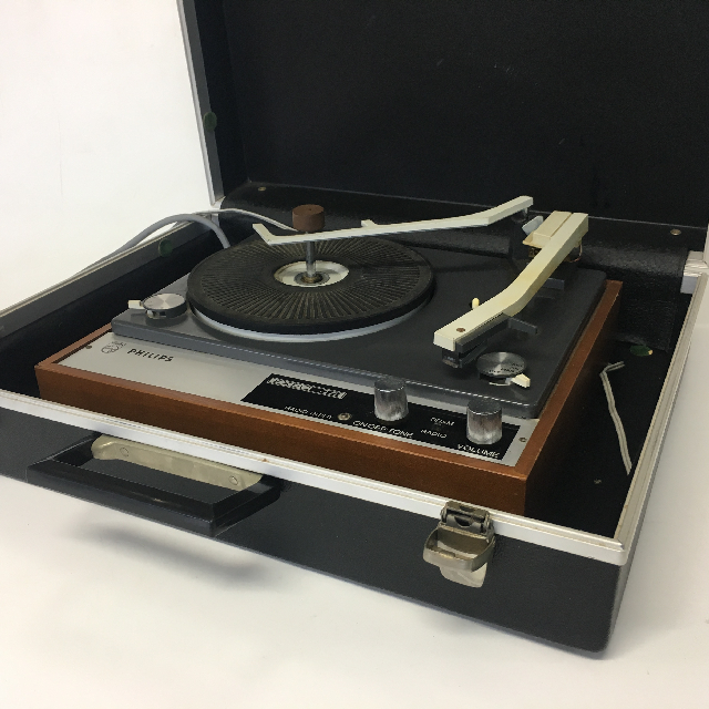 RECORD PLAYER, 1970s Brown Timber Philips in Briefcase